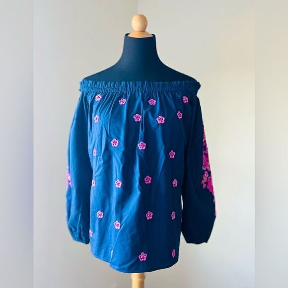 Lilly Pulitzer Jaeda Off the Shoulder Top in Navy - Size XSmall - Picture 2 of 12